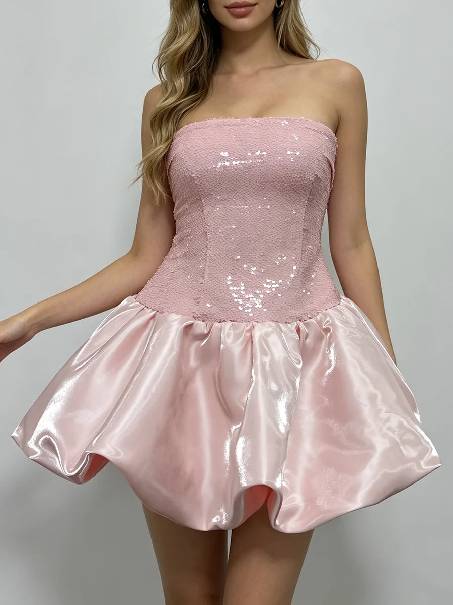 Trend4us Luxe Strapless Sequin Bubble Hem Mini Dress