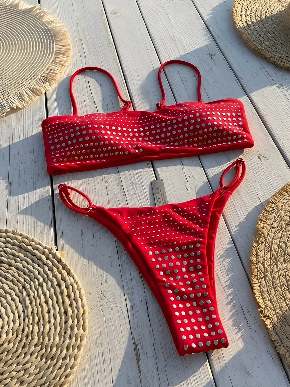 Trend4us Luxe Rhinestone Bandeau Bikini Set in red