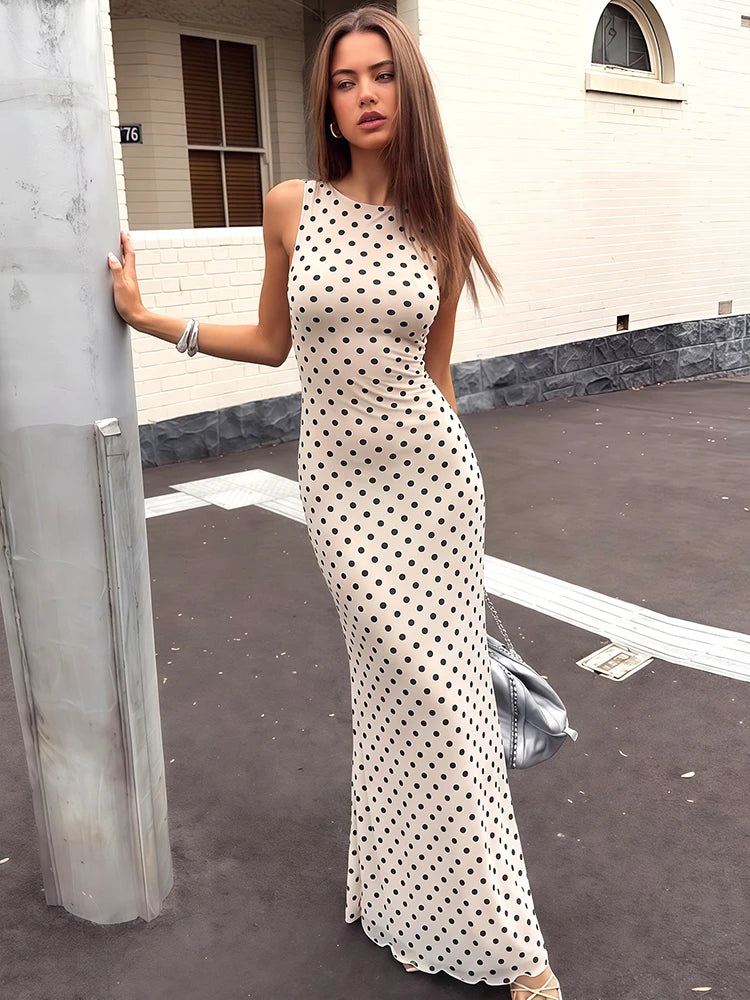 Trend4us Elegant Polka Dot Open-Back Maxi Dress
