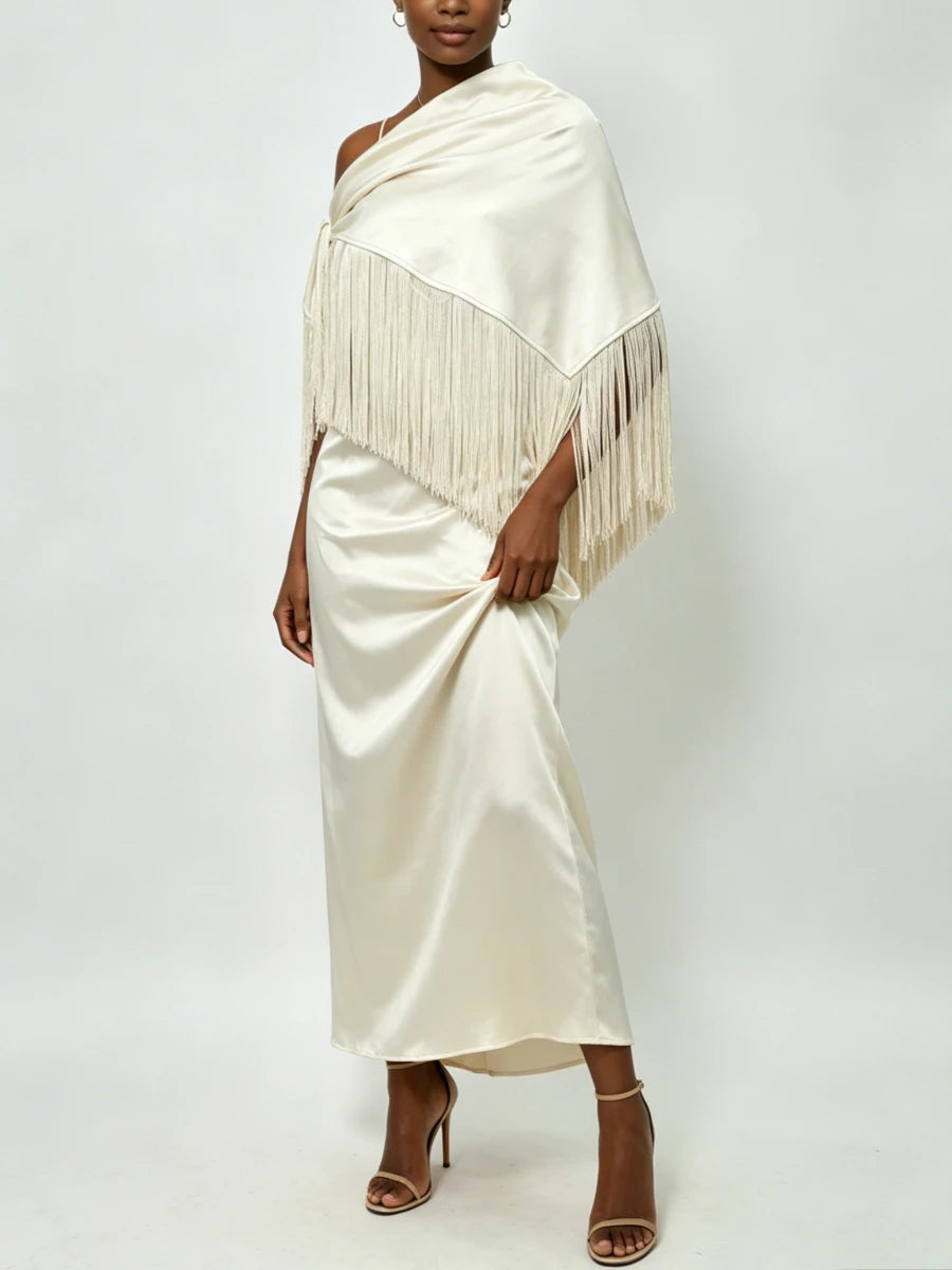 Trend4us Luxe Satin Fringe Shawl One-Shoulder Evening Dress