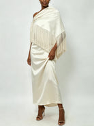Trend4us Luxe Satin Fringe Shawl One-Shoulder Evening Dress