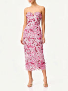 Trend4us Luxe Strapless 3D Floral Embroidered Midi Dress