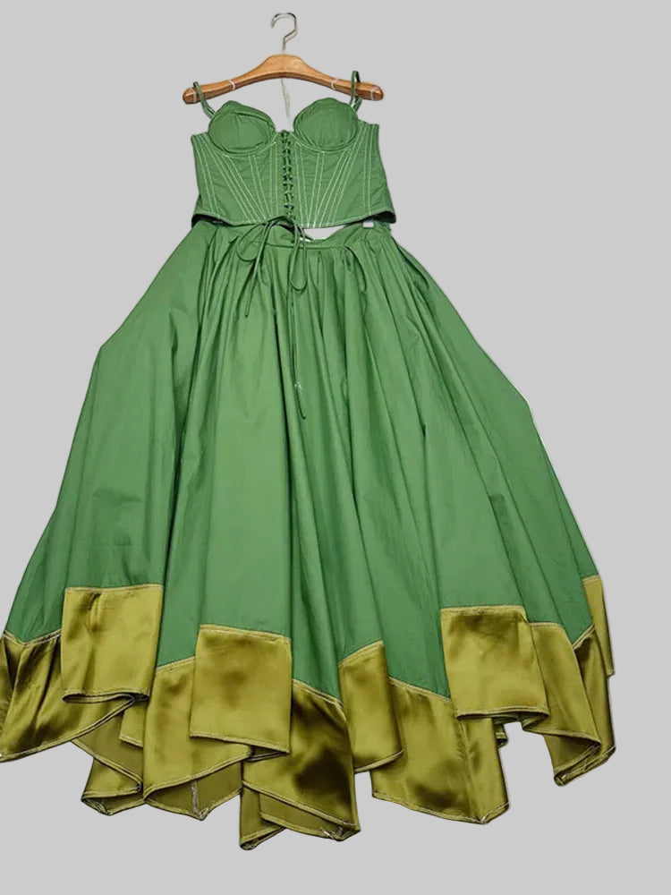 Trend4us Vintage Corset Crop Top & Satin Hem Maxi Skirt Set