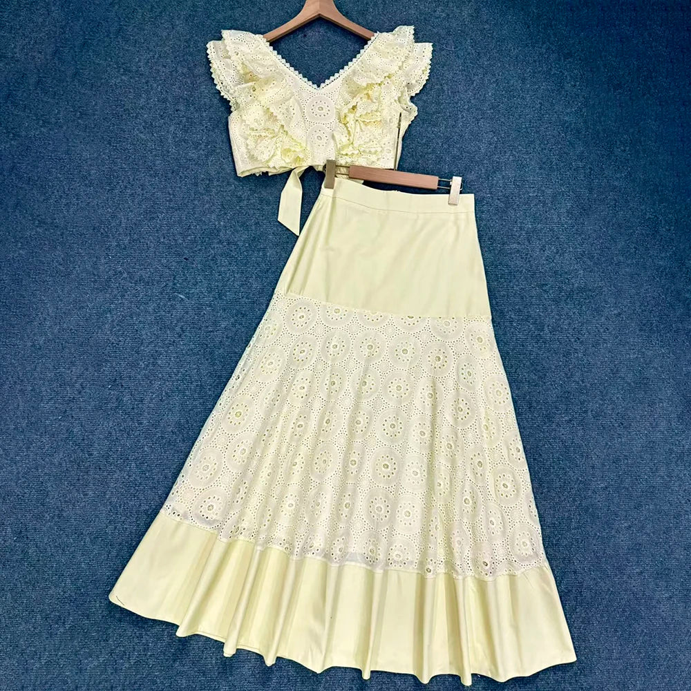 Trend4us Luxe Eyelet Lace Ruffle Crop Top & Midi Skirt Set - Yellow