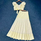 Trend4us Luxe Eyelet Lace Ruffle Crop Top & Midi Skirt Set - Yellow