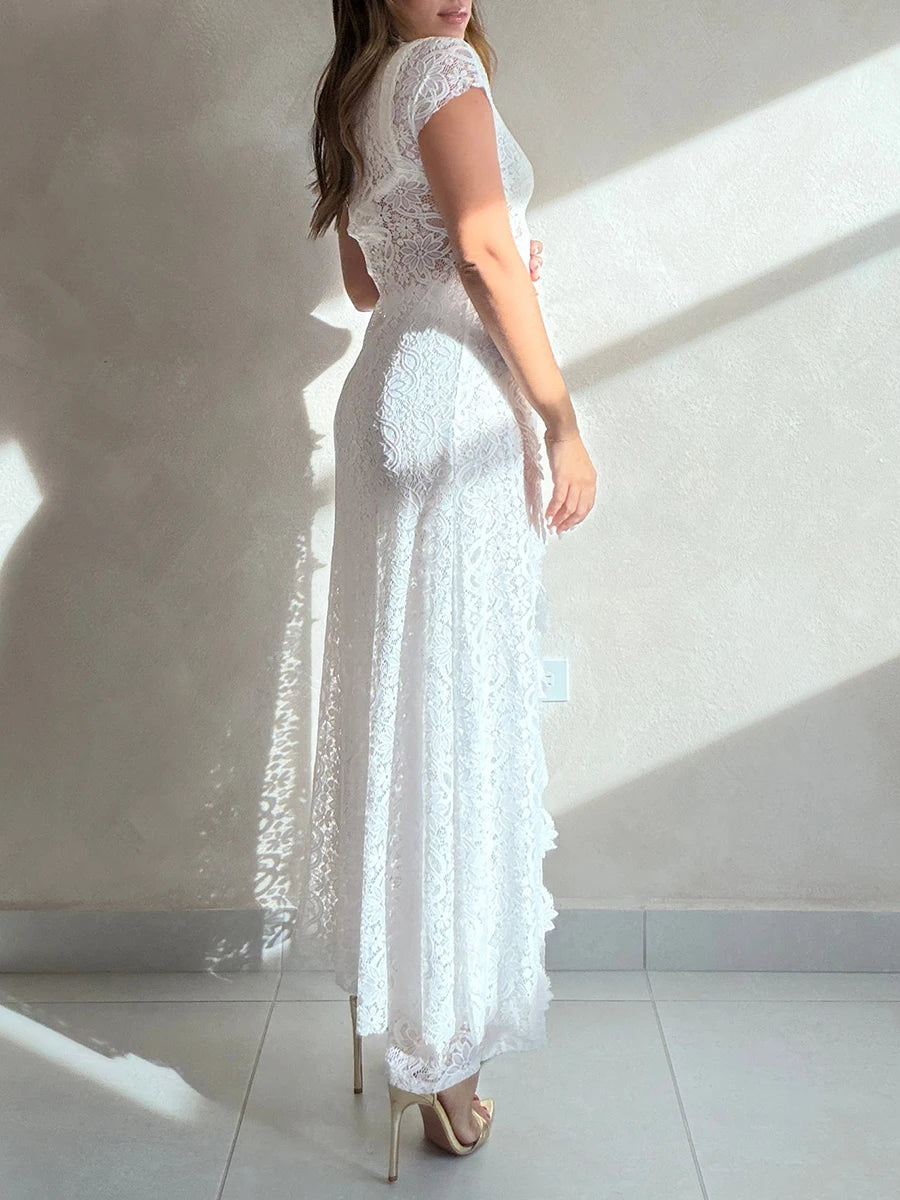 Trend4us Luxe Sheer Lace Cutout Top & Wide-Leg Pants Set