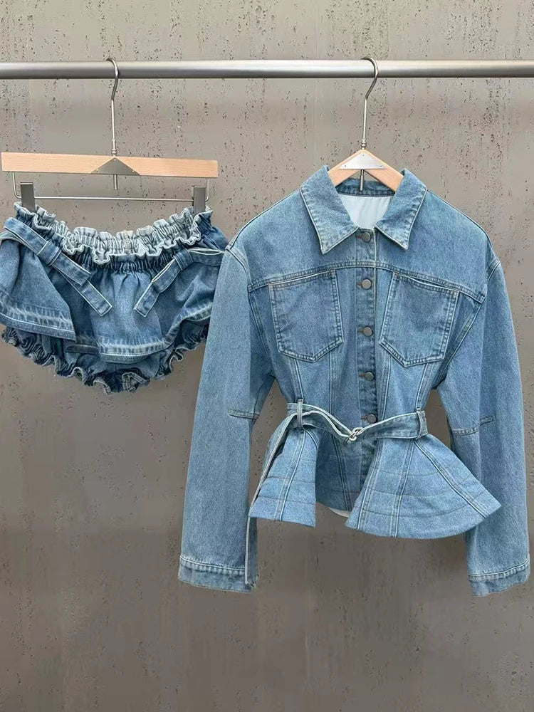 Trend4us Luxe Belted Peplum Denim Jacket & Ruffle Shorts Set in blue