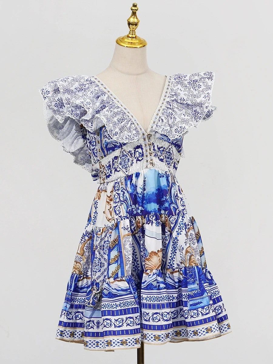 Trend4us Luxe Mediterranean Print Ruffle Mini Dress