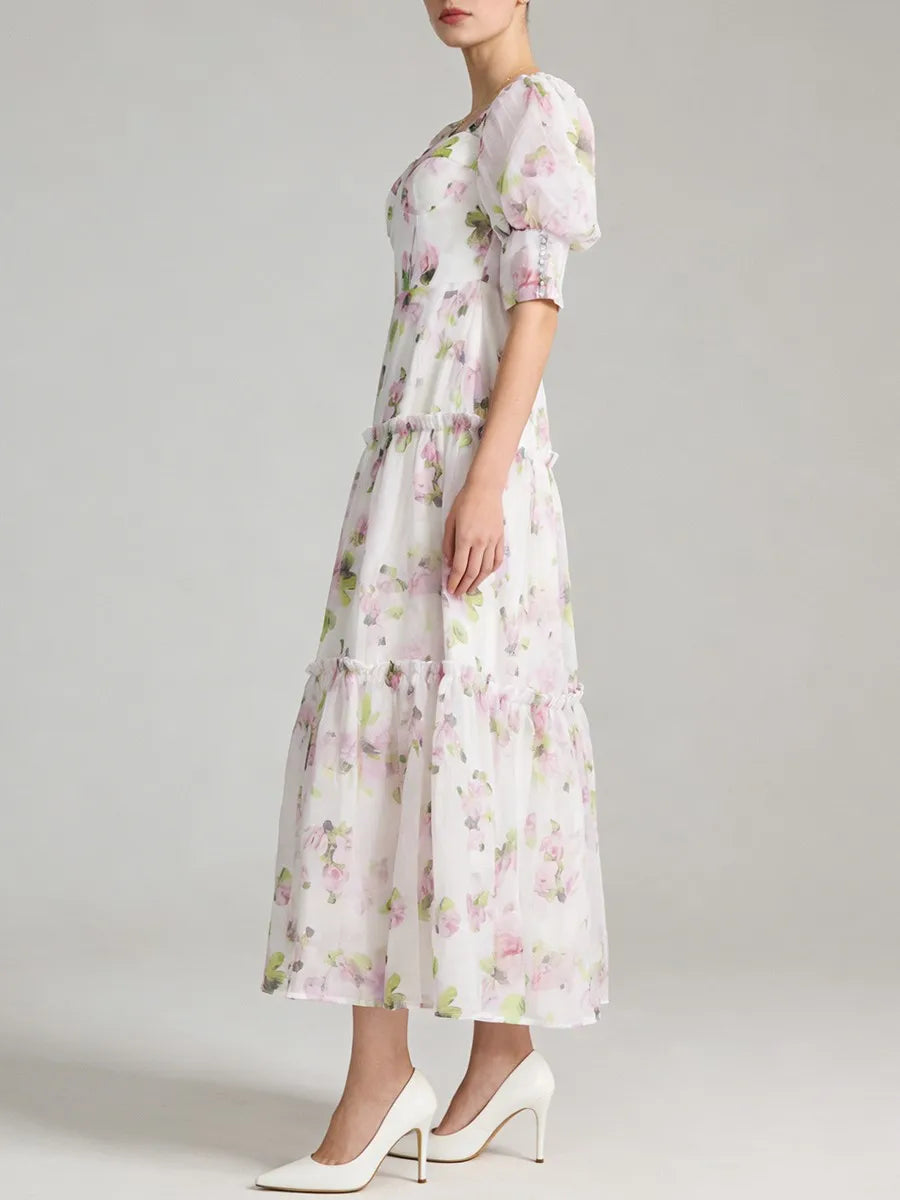 Pink floral lace-up back maxi dress side view