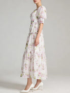 Pink floral lace-up back maxi dress side view