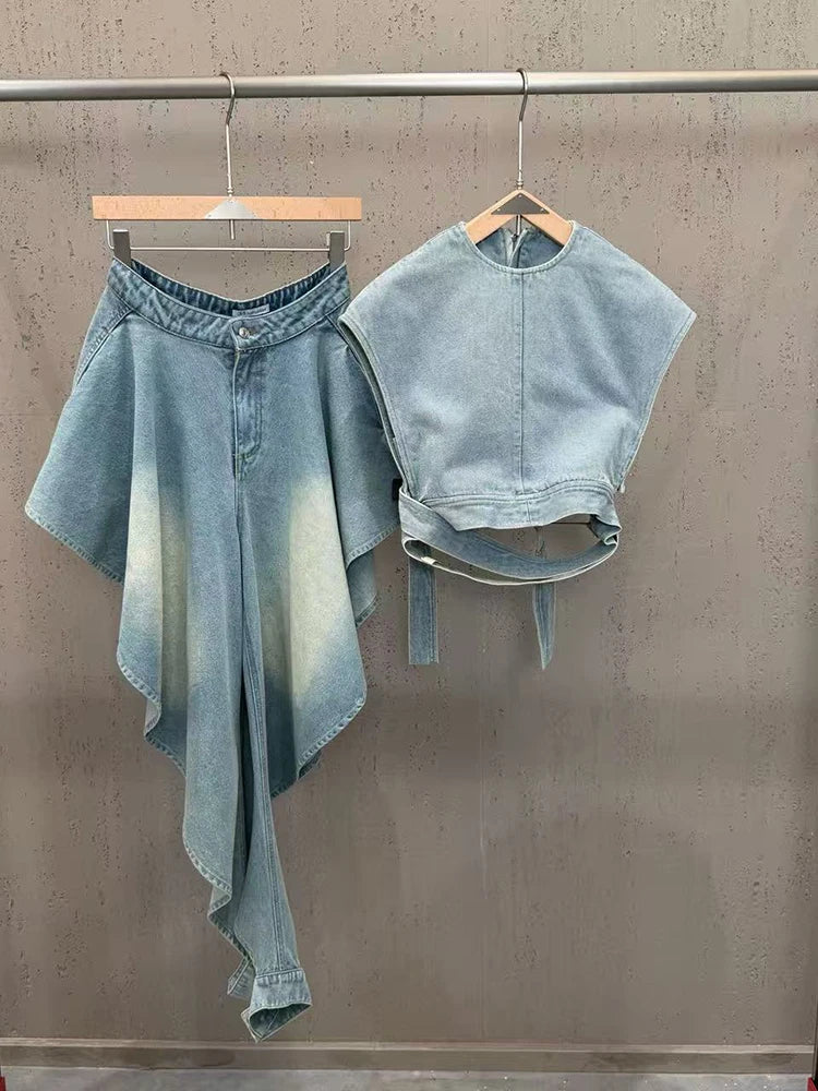 Trend4us Luxe Asymmetrical Denim Crop Top & Draped Skirt Set in blue