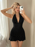 Trend4us Vintage Polka Dot Halter Backless Ruffle Mini Dress front view