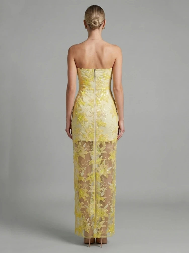 Trend4us Luxe Strapless Floral Sequin Embroidered Maxi Dress