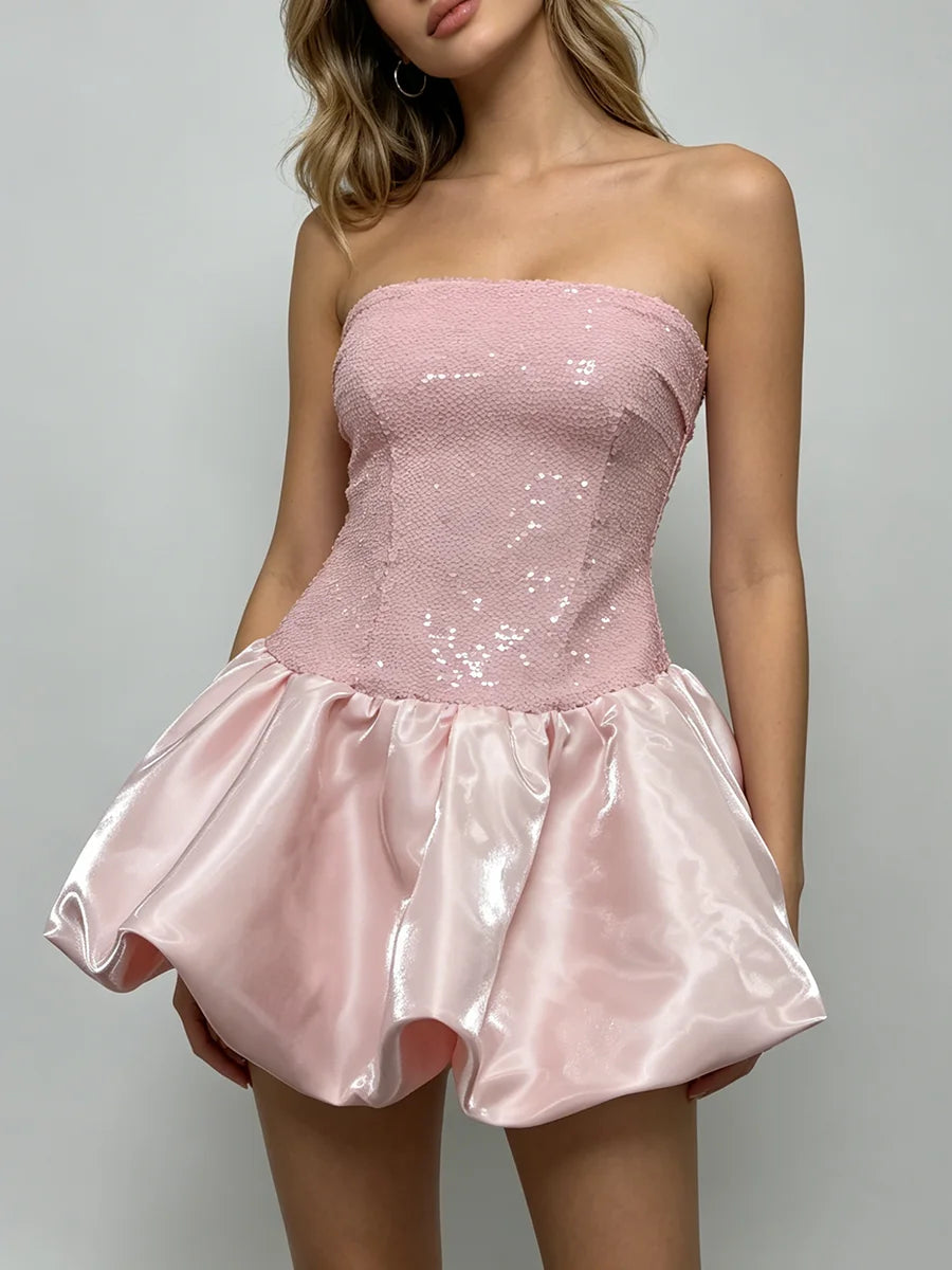 Trend4us Luxe Strapless Sequin Bubble Hem Mini Dress