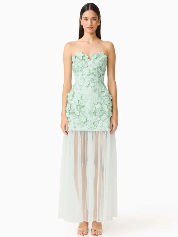 Trend4us Luxe 3D Floral Embroidered Strapless Illusion Evening Dress