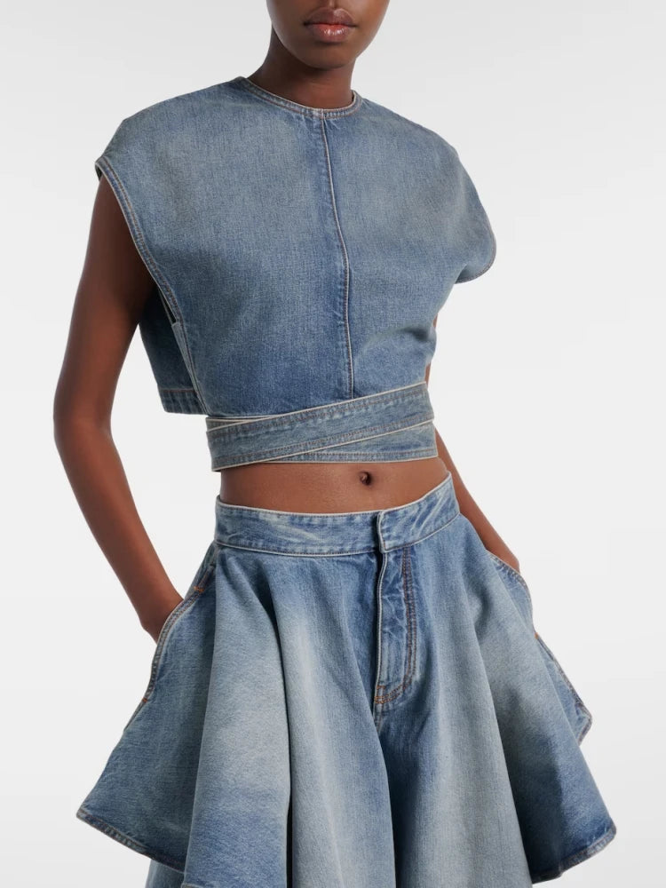 Trend4us Luxe Asymmetrical Denim Crop Top & Draped Skirt Set