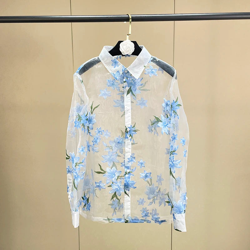 Trend4us Sheer Floral Print Blouse – Women's Sky Blue Button-Up