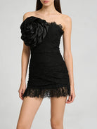 Trend4us Luxe Strapless Rosette Ruched Lace Mini Dress