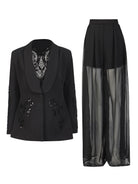Crystal beaded blazer and sheer wide-leg pants set in black