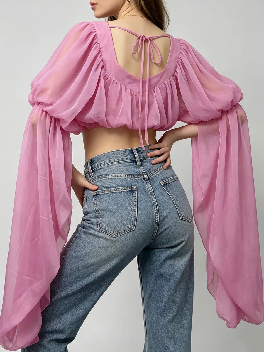 Trend4us Romantic Off-Shoulder Chiffon Puff Sleeve Crop Top