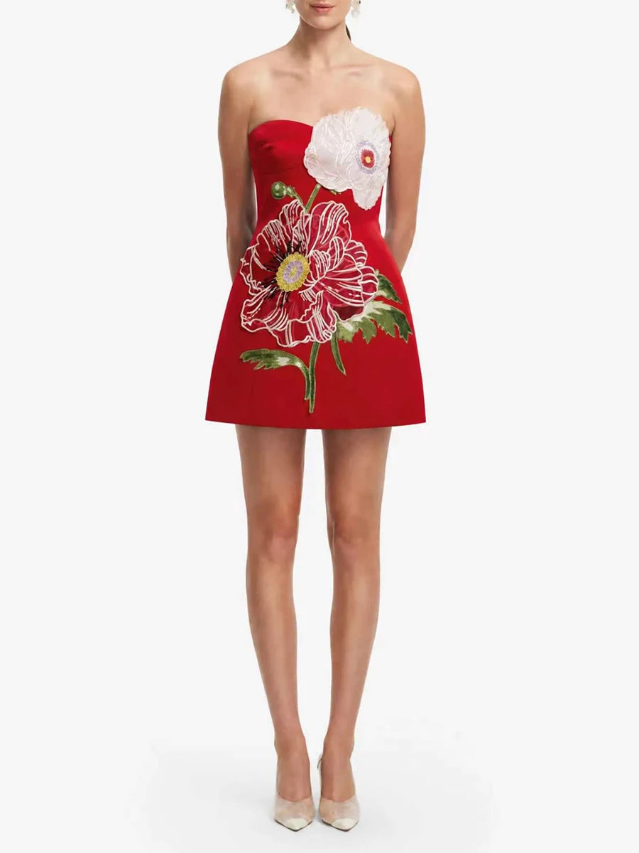 Trend4us Luxe Floral Appliqué Strapless High Waist Mini Dress