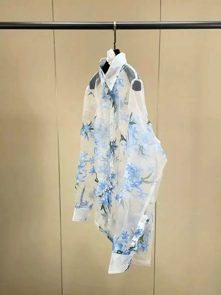 Trend4us Sheer Floral Print Blouse – Women's Sky Blue Button-Up