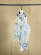 Trend4us Sheer Floral Print Blouse – Women's Sky Blue Button-Up
