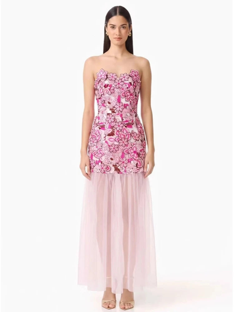 Trend4us Luxe 3D Floral Embroidered Strapless Illusion Evening Dress