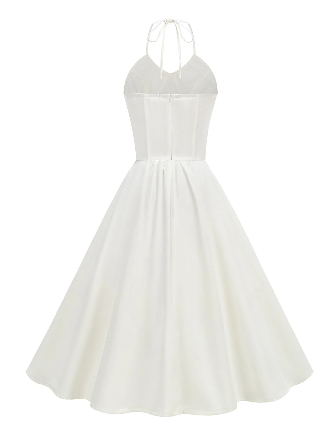 Trend4us Vintage Halter Ruched Summer Fit & Flare Dress in white back view