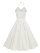 Trend4us Vintage Halter Ruched Summer Fit & Flare Dress in white back view