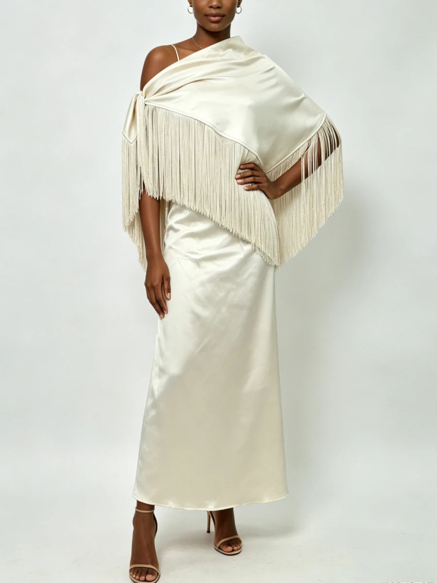 Trend4us Luxe Satin Fringe Shawl One-Shoulder Evening Dress