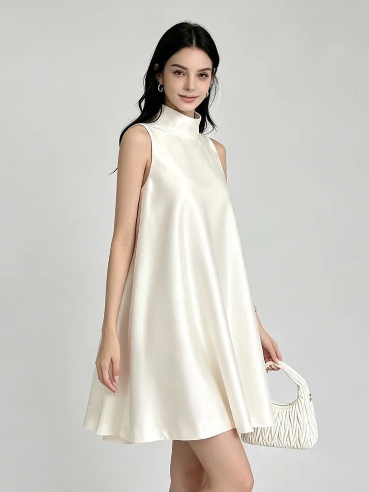 Trend4us Elegant Satin High Neck Swing Mini Dress