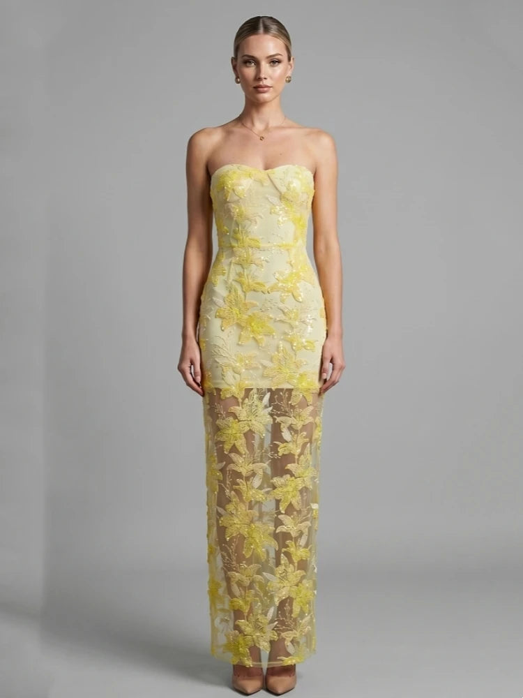 Trend4us Luxe Strapless Floral Sequin Embroidered Maxi Dress