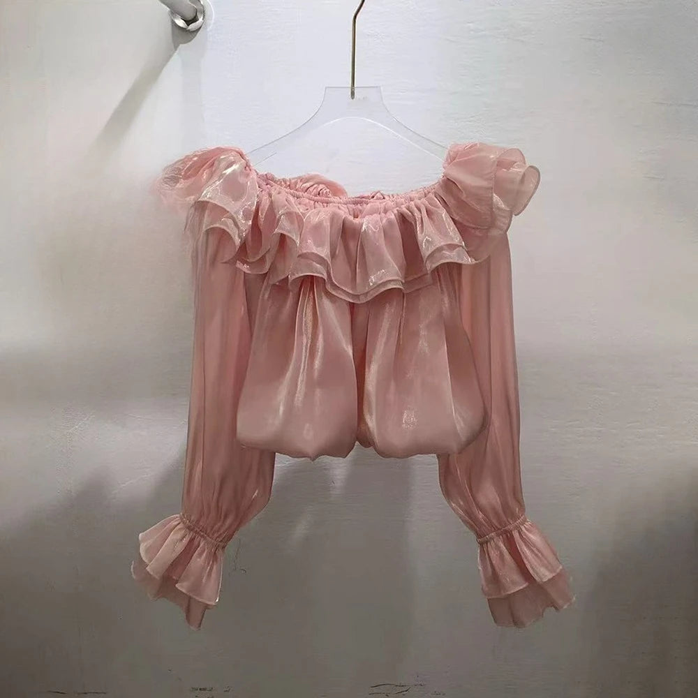 Trend4us Luxe Off-Shoulder Ruffle Organza Crop Blouse - Pink