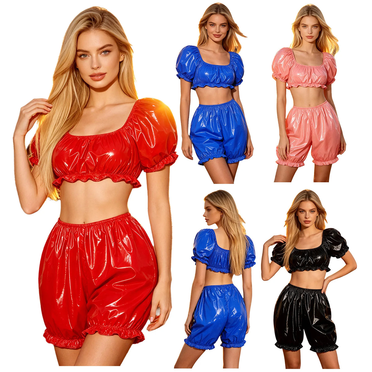 Six models wearing shiny bubble-style crop top and shorts sets in red, blue, pink, and black, shown against a plain white background.