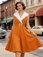 Trend4us Vintage Contrast Collar Belted Fit & Flare Swing Dress in Orange