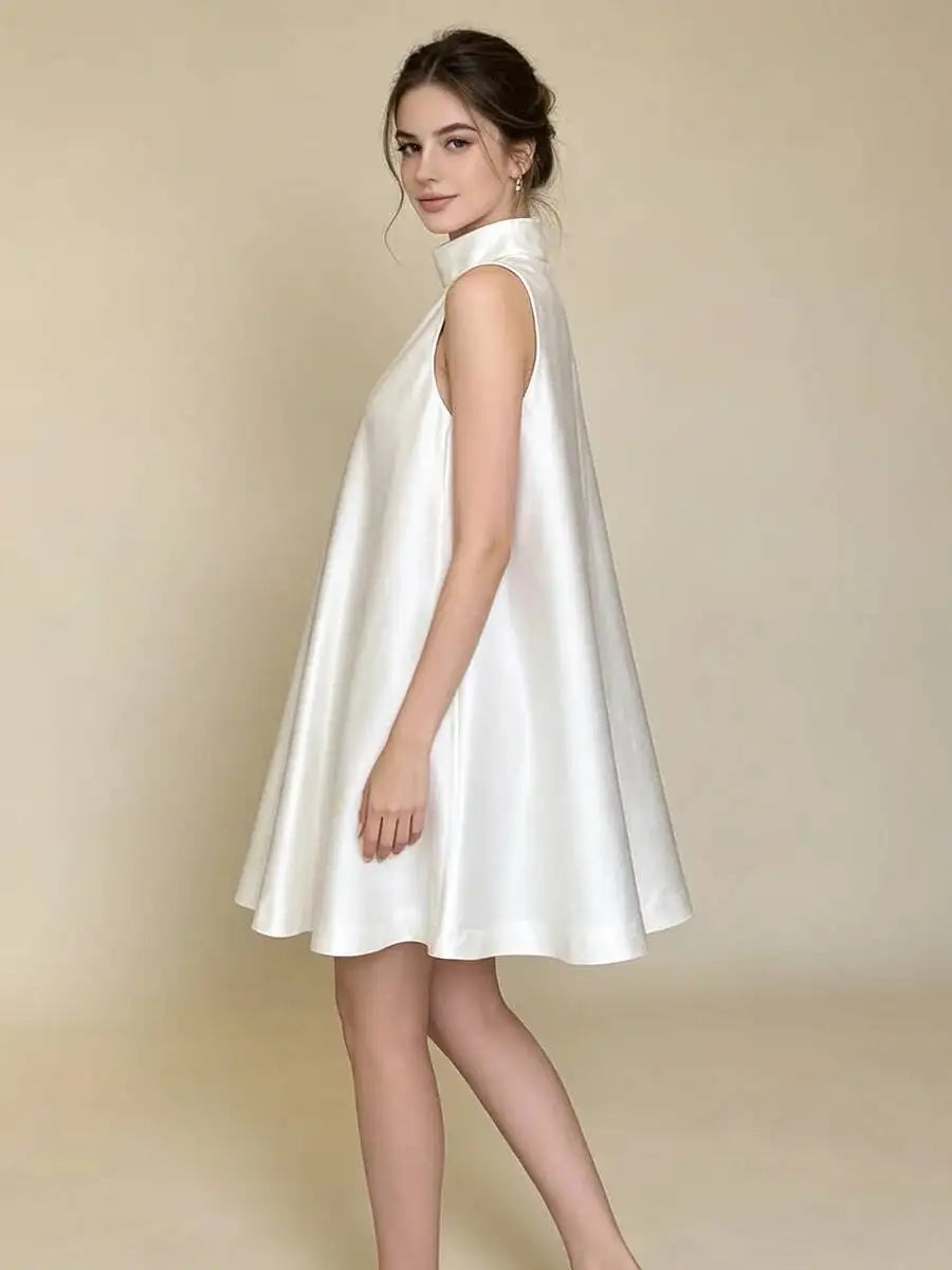 Trend4us Elegant Satin High Neck Swing Mini Dress