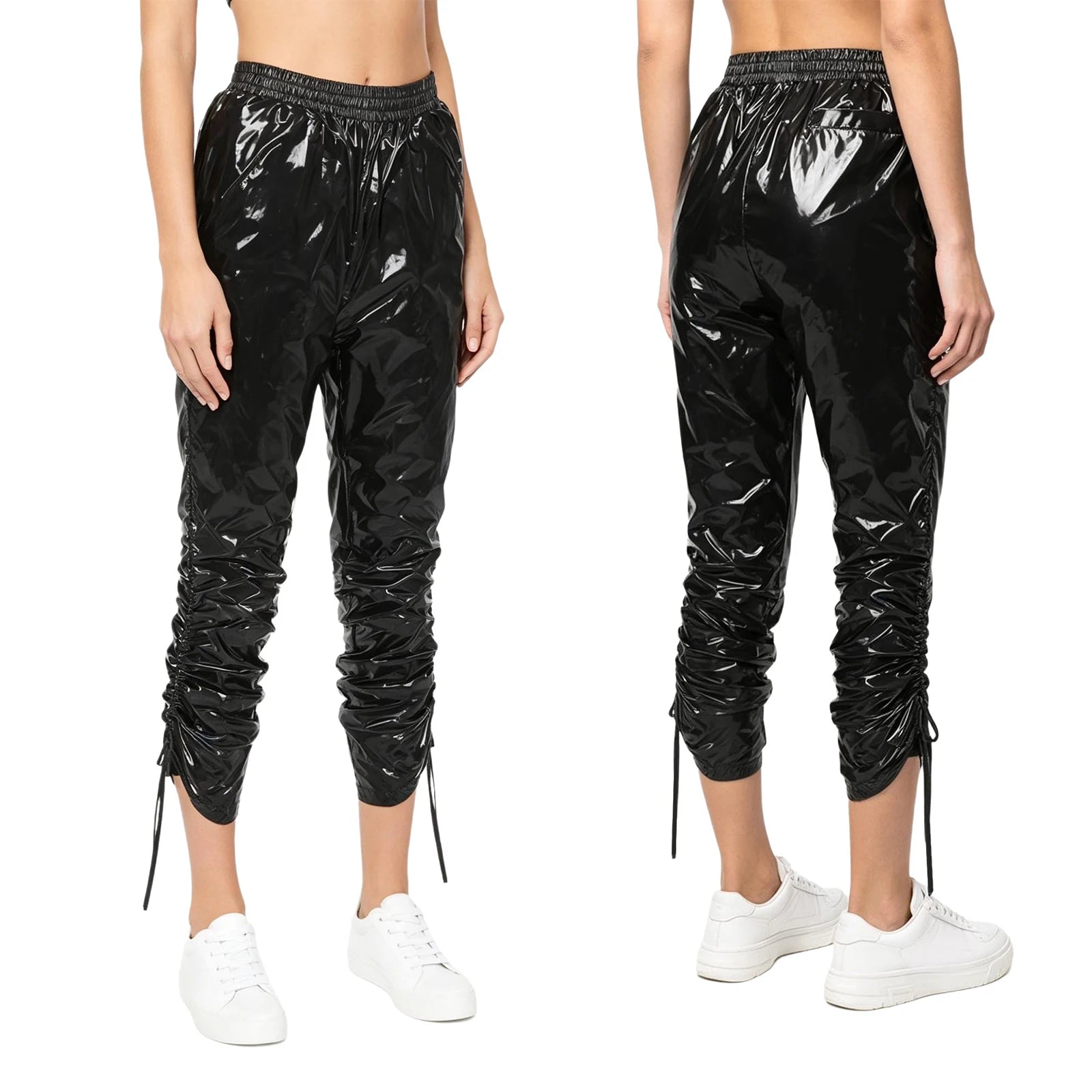 Trend4us Women's Glossy Ruched Drawstring Vinyl Cropped Pants - Black