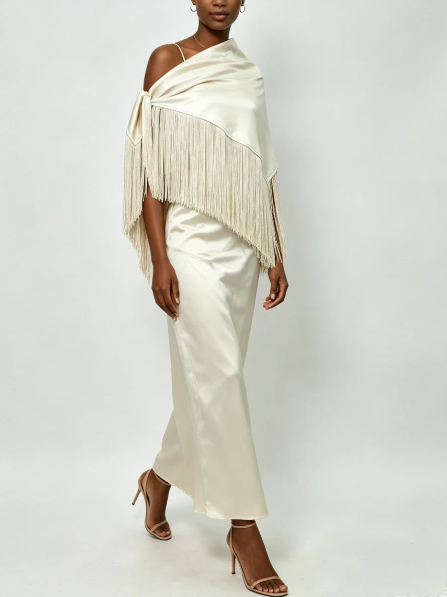 Trend4us Luxe Satin Fringe Shawl One-Shoulder Evening Dress