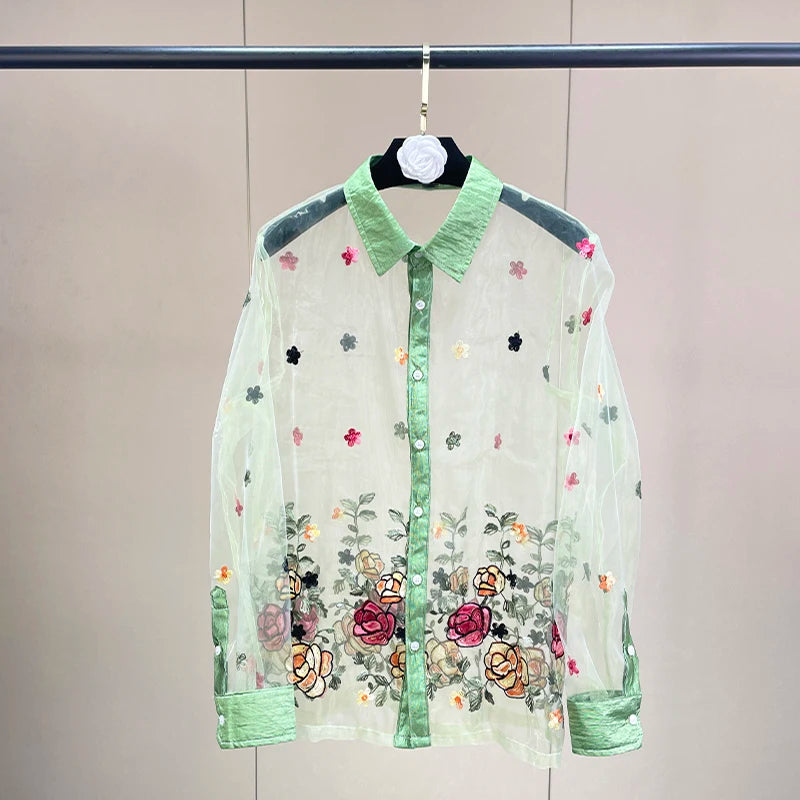 Trend4us Luxe Sheer Floral Embroidered Button-Up Blouse in Mint Green