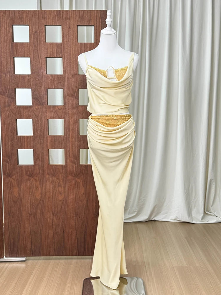 Trend4us Luxe Satin Lace Cowl Neck Maxi Skirt Set – Cream