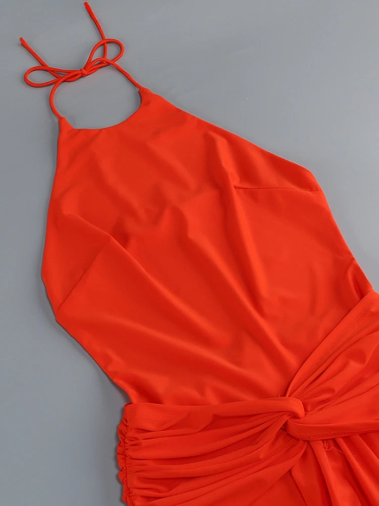 Trend4us Luxe Backless Halter Ruched Mermaid Maxi Dress in red closer view