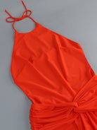 Trend4us Luxe Backless Halter Ruched Mermaid Maxi Dress in red closer view