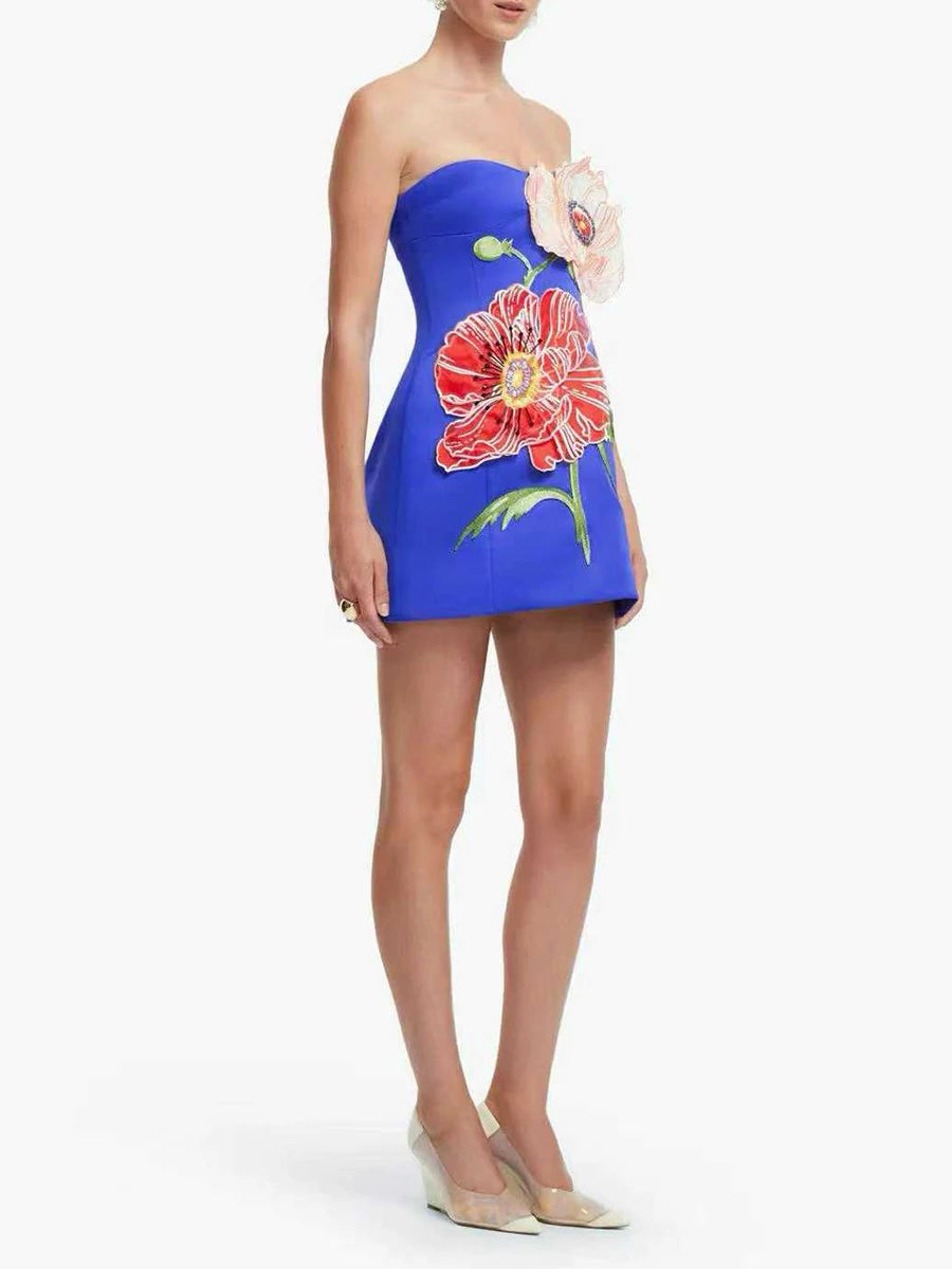 Trend4us Luxe Floral Appliqué Strapless High Waist Mini Dress