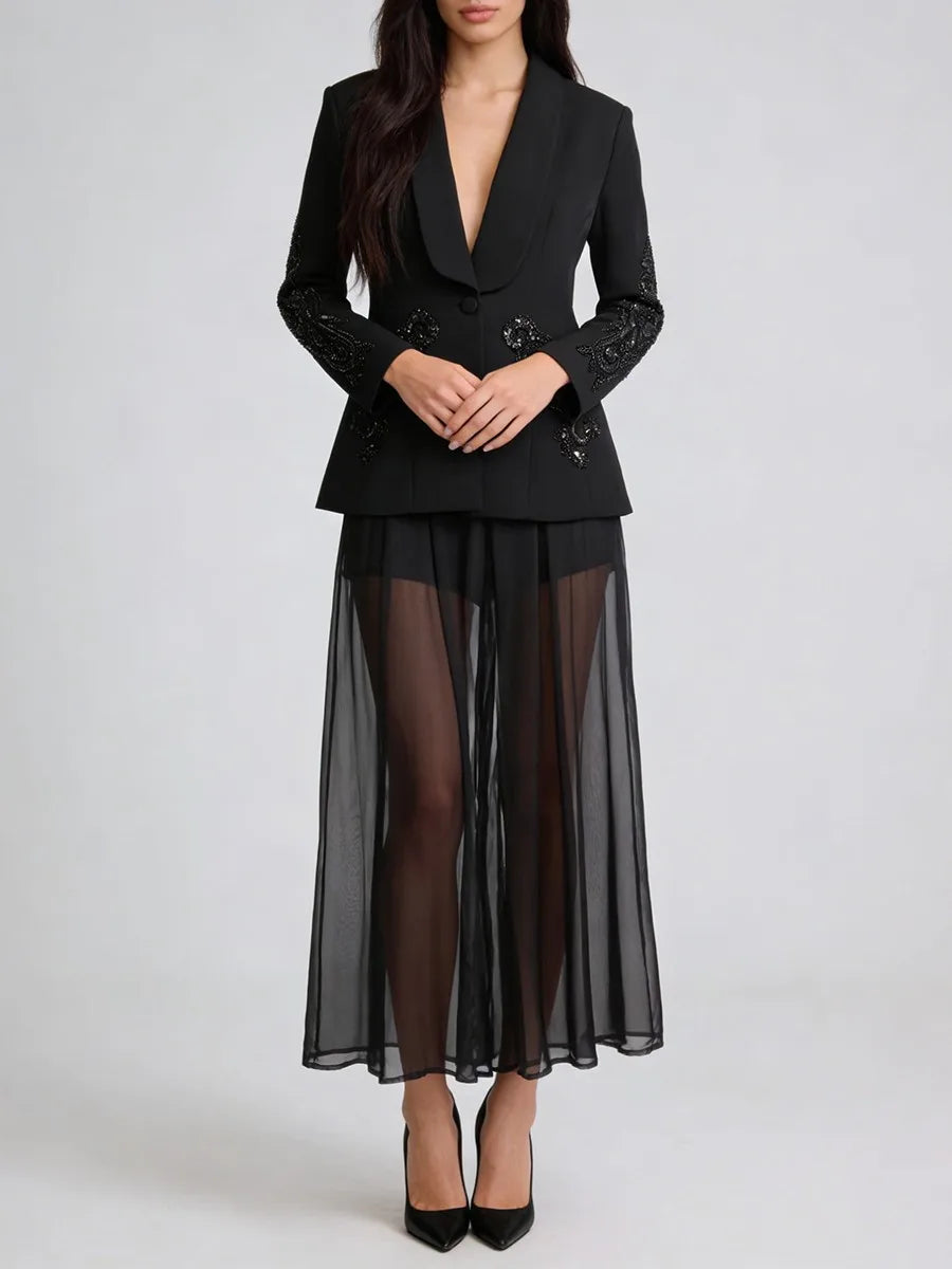 Front View Trend4us Luxe Crystal Beaded Blazer & Sheer Wide-Leg Pants Set in Black