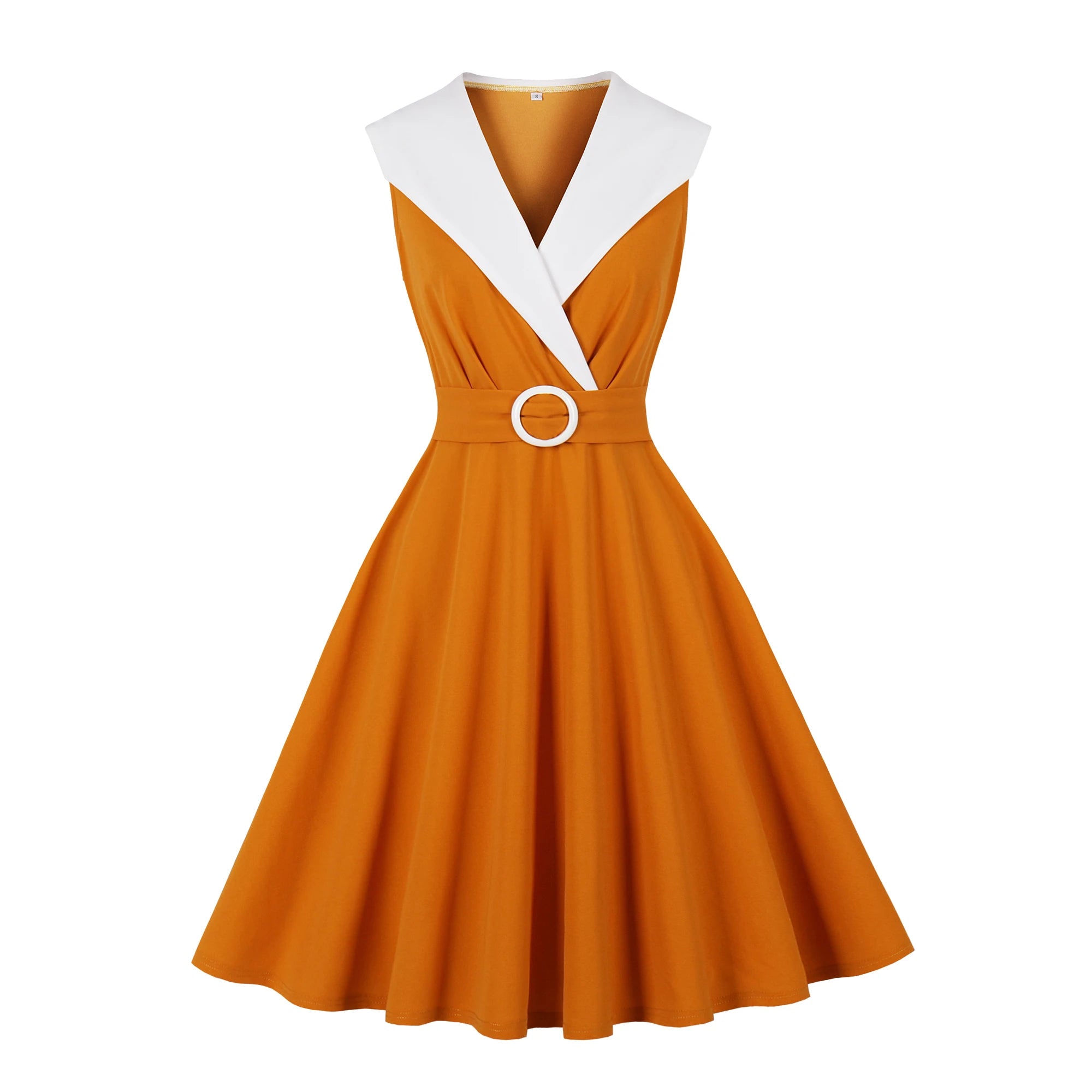 Trend4us Vintage Contrast Collar Belted Fit & Flare Swing Dress