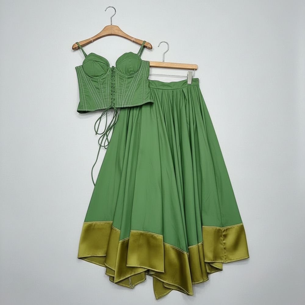 Trend4us Vintage Corset Crop Top & Satin Hem Maxi Skirt Set