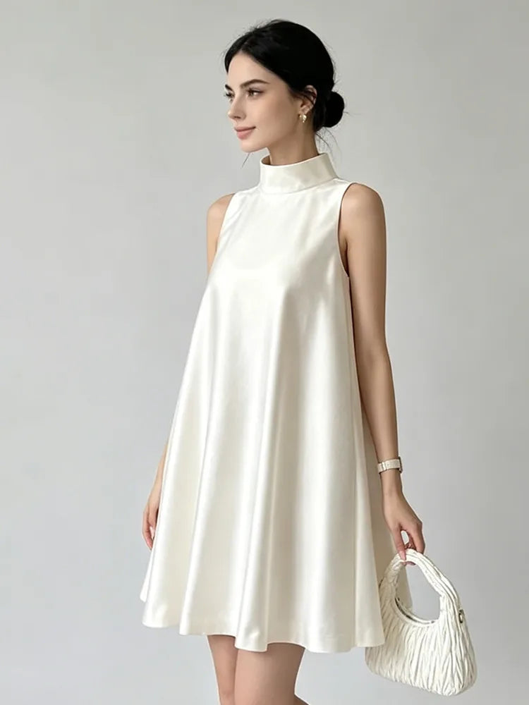 Trend4us Elegant Satin High Neck Swing Mini Dress