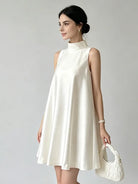 Trend4us Elegant Satin High Neck Swing Mini Dress