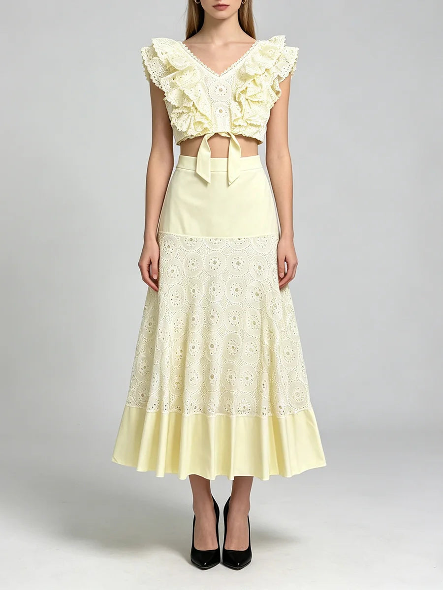 Trend4us Luxe Eyelet Lace Ruffle Crop Top & Midi Skirt Set
